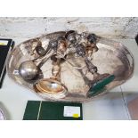 LARGE 2 HANDLED PLATED TRAY, CANDLEABRA, SERVING SPOONS ETC