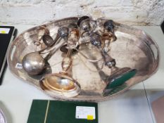 LARGE 2 HANDLED PLATED TRAY, CANDLEABRA, SERVING SPOONS ETC