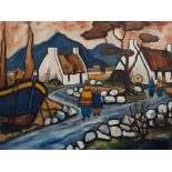 LARGE OIL ON BOARD - IRISH SCHOOL SHAWLIES AND COTTAGES SIGNED IN MONO M.R 48' X 36'