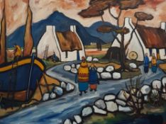 LARGE OIL ON BOARD - IRISH SCHOOL SHAWLIES AND COTTAGES SIGNED IN MONO M.R 48' X 36'