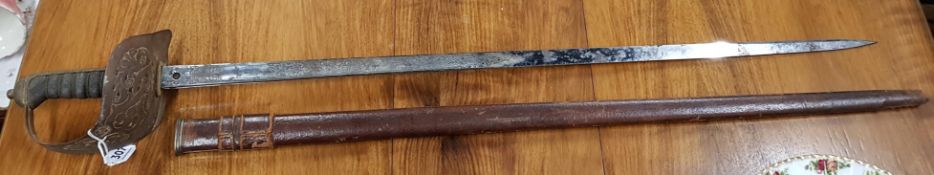 GEORGIAN BASKET HILT SWORD WITH LEATHER SHEATH