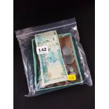 BAG OF FOREIGN COINS AND CURRENCY