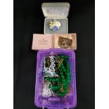 PURPLE BOX OF JEWELLERY TO INCLUDE JADE NECKLACES