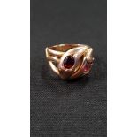 9 CARAT GOLD SNAKE RING WITH RUBY AND GARNET 5.6G