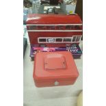 QUANTITY OF STAMPS, CASH TIN AND HOMEMADE DOUBLE DECKER BUS