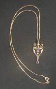 ANTIQUE 9 CARAT GOLD AMETHYST & SEED PEARL PENDANT ON 9 CARAT GOLD CHAIN