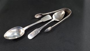 2 ANTIQUE IRISH SILVER SPOONS AND SILVER SUGAR TONGS