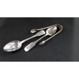 2 ANTIQUE IRISH SILVER SPOONS AND SILVER SUGAR TONGS