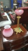 VICTORIAN LAMP WITH UMBRELLA SHADE IN RARE PINK SATIN GLASS