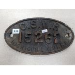 GENUINE ORIGINAL CAST IRON RAILWAY SIGN - C.S.W.R 15262