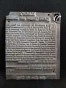 ORIGINAL HEAD PRINTING PLATE OF THE ULSTER SOLEMN LEAGUE AND COVENANT
