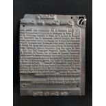 ORIGINAL HEAD PRINTING PLATE OF THE ULSTER SOLEMN LEAGUE AND COVENANT