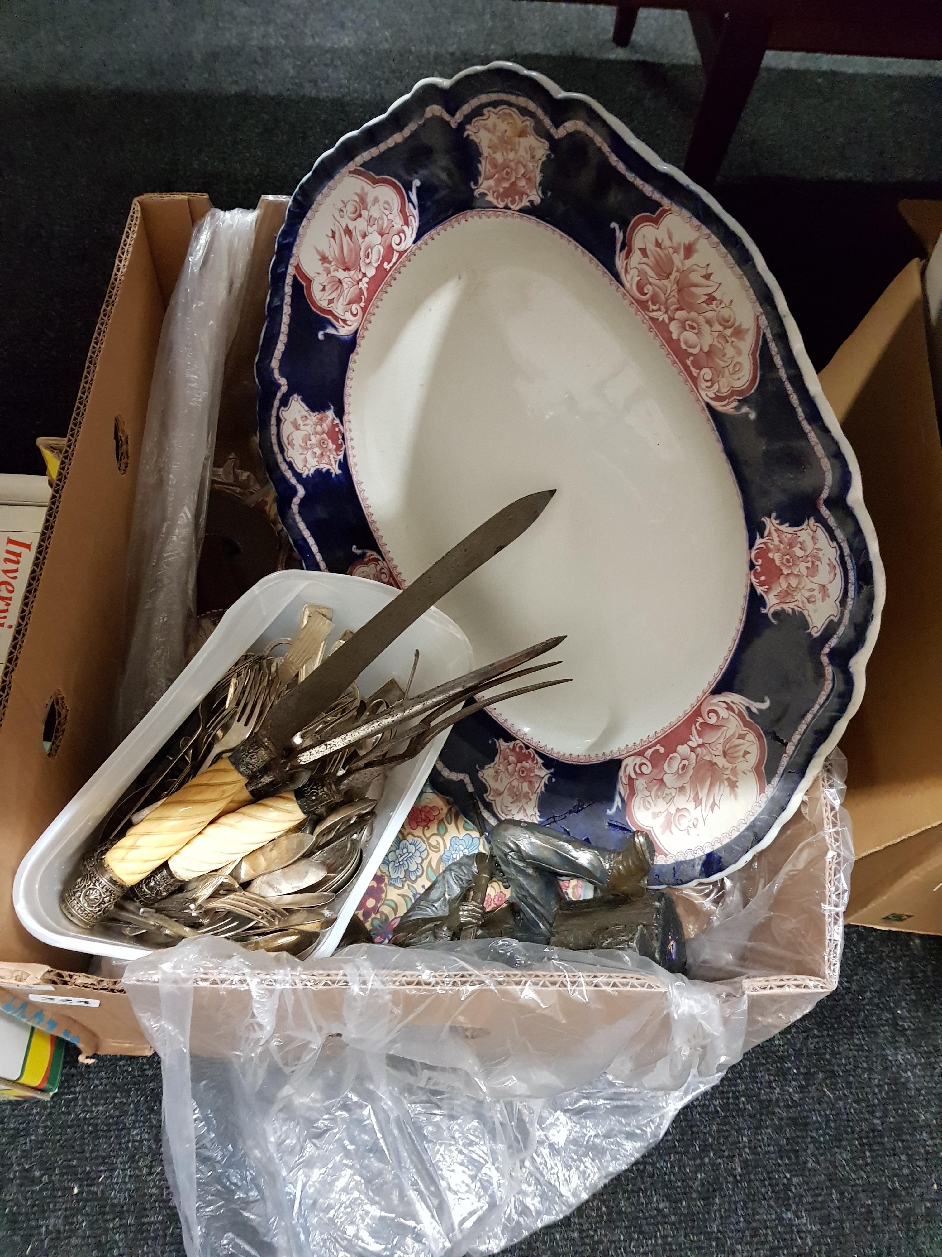 BOX LOT TO INCLUDE CUTLERY, VICTORIAN PLATTER, FIGURE ETC