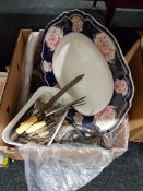 BOX LOT TO INCLUDE CUTLERY, VICTORIAN PLATTER, FIGURE ETC