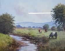 OIL ON CANVAS COWS GRAZING - L REILLY 20X16 INS