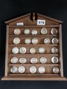 25 MINIATURE SILVER PLATES AND STAND