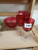 SET OF 4 RUBY GLASSES AND SUGAR BOWL