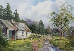 WATERCOLOUR COTTAGE AND CHICKENS ROBERT EGGINTON 13' X 9'