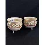 PAIR OF BELLEEK 2ND PERIOD CELTIC COLOURED DESIGNED CAULDRONS HEIGHT 8CMS DIAMETER 8.5 CMS