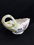 18TH CENTURY SAUCE BOAT WITH STYLISED LEAF HANDLE AND HANDPAINTED WITH SPRIGS OF FLOWERS