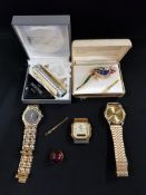 BAG OF WATCHES, COLLAR STUDS & BROOCHES ETC