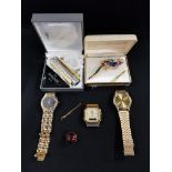 BAG OF WATCHES, COLLAR STUDS & BROOCHES ETC