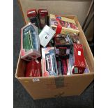 LARGE BOX LOT OF MODEL BUSES, CARS, TRUCKS ETC