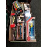 LARGE BOX LOT OF MODEL BUSES, CARS, TRUCKS ETC