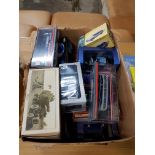 BOX LOT OF MODEL TRUCKS, BUSES, CARS ETC