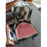 ANTIQUE PAPIER MACHE CHAIR WITH MOTHER OF PEARL INLAY