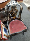 ANTIQUE PAPIER MACHE CHAIR WITH MOTHER OF PEARL INLAY