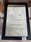 ORIGINAL FRAMED BELFAST AND COUNTY DOWN RAILWAY TIMETABLE