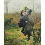 EASTERN EUROPEAN SCHOOL - OIL ON CANVAS - THE PRIMROSE GATHERERS - SIGNED 40CM (L) X 59CM (H)