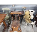 3 ANTIQUE FARMHOUSE CHAIRS & SEWING MACHINE BASE