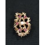VINTAGE 9 CARAT GOLD RUBY AND PEARL BROOCH