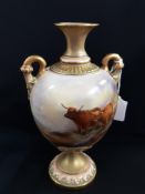 ROYAL WORCESTER - TWIN HANDLED VASE SIGNED H STINTON 8.5'' HEIGHT