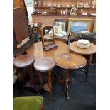 3 ANTIQUE TABLES, PAIR OF PLANT STANDS & TOILET MIRROR