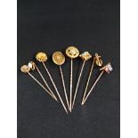 8 GOLD TIE/CRAVATE PINS & TIE SLIDE COMPRISING: 1 X 14 CARAT GOLD PIN WITH 18 CARAT GOLD & DIAMOND