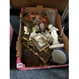 LARGE BOX LOT OF CERAMICS, BRASSWARE, COTTAGES, PICTURES & FIGURES