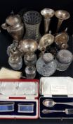 SHELF LOT OF ANTIQUE SILVER AND GLASSWARE - APPROX 19 ITEMS