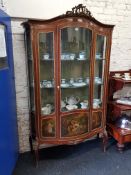 ANTIQUE FRENCH STYLE MAHOGANY AND GILDED BOW FRONTED DISPLAY CABINET