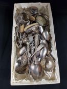 A LARGE BOX LOT OF ANTIQUE SILVER CUTLERY ETC