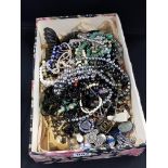 BOX OF LOT OF ANTIQUE COSTUME JEWELLERY