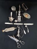 MIXED BAG LOT OF ANTIQUE SILVER AND OTHER ITEMS TO INLUDE POSEY HOLDER