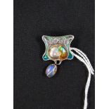 SUPERB ARTS AND CRAFTS SILVER ENAMEL AND MOONSTONE FREEFORM BROOCH