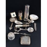 BAG LOT OF ANTIQUE SILVER AND OTHER ITEMS TO INCLUDE BRIDGE COUNTER