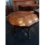 VICTORIAN WALNUT HEXAGONAL WINDOW TABLE, WORMED