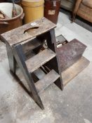4 BOXES OF ASSORTED ANTIQUE TOOLS AND ANTIQUE WOODEN STEPS