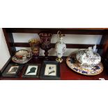 SHELF LOT TO INCLUDE ROYAL CROWN DERBY BOHEMIAN GLASS AND 3 19TH CENTURY SILHOUETTES