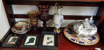 SHELF LOT TO INCLUDE ROYAL CROWN DERBY BOHEMIAN GLASS AND 3 19TH CENTURY SILHOUETTES